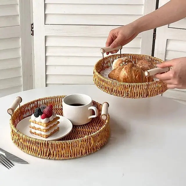 Runder Rattan-Korb mit Holzgriffen – Natur Tablett | Handgefertigt