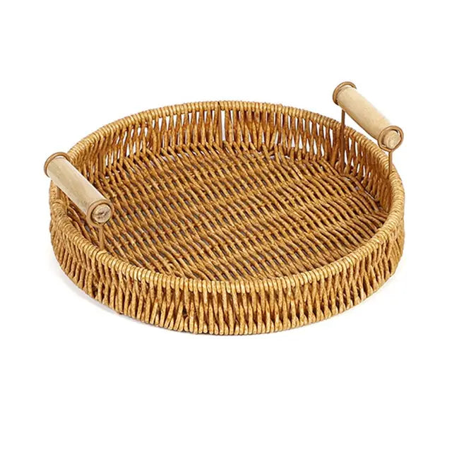 Runder Rattan-Korb mit Holzgriffen – Natur Tablett | Handgefertigt