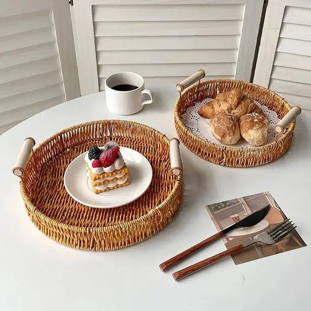 Runder Rattan-Korb mit Holzgriffen – Natur Tablett | Handgefertigt