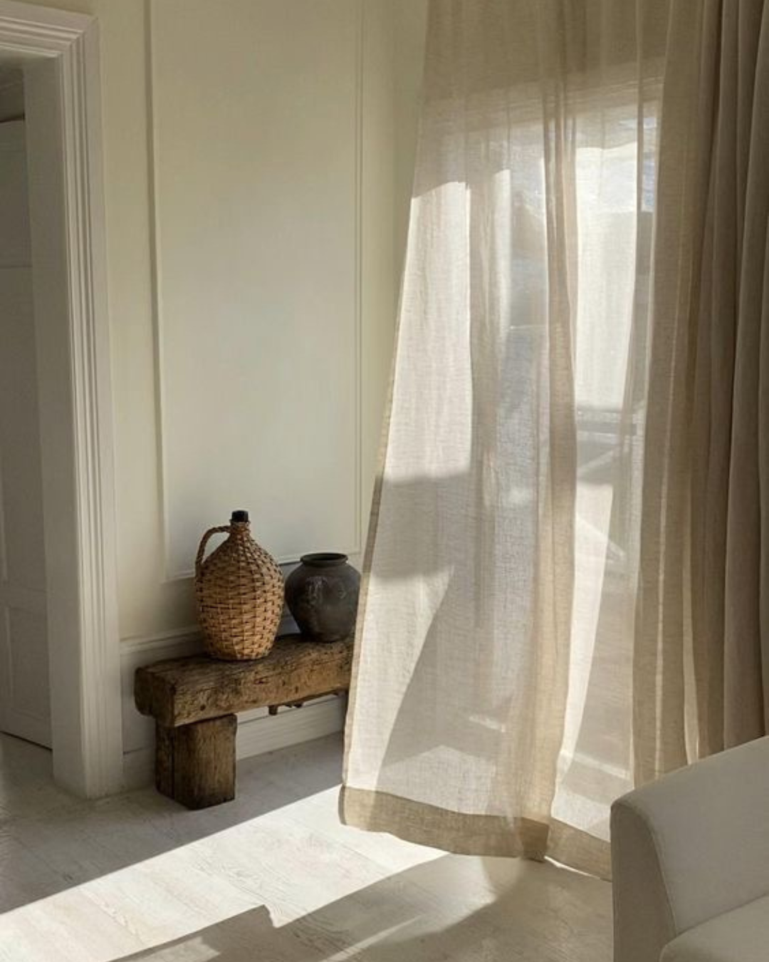 Leinen-Vorhang halbtransparent mit Faltenband – Naturweiß