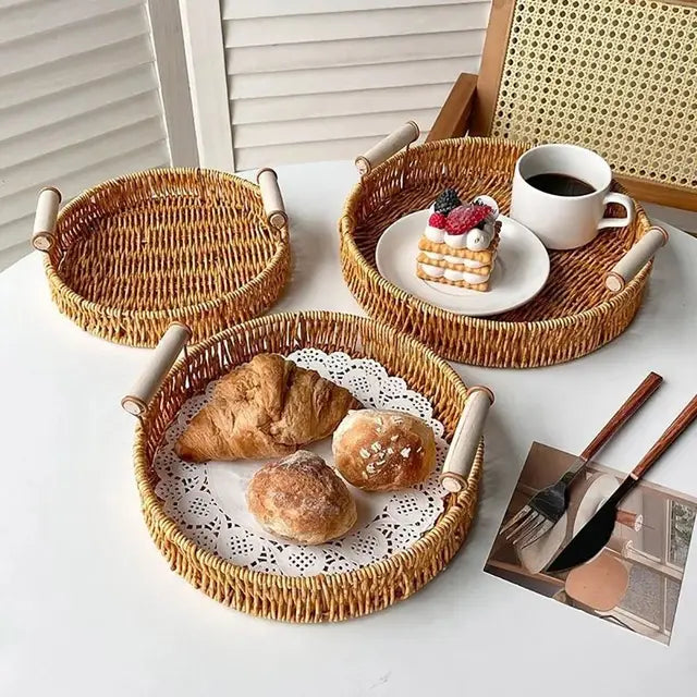 Runder Rattan-Korb mit Holzgriffen – Natur Tablett | Handgefertigt