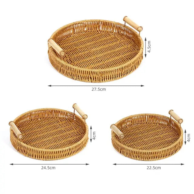 Runder Rattan-Korb mit Holzgriffen – Natur Tablett | Handgefertigt