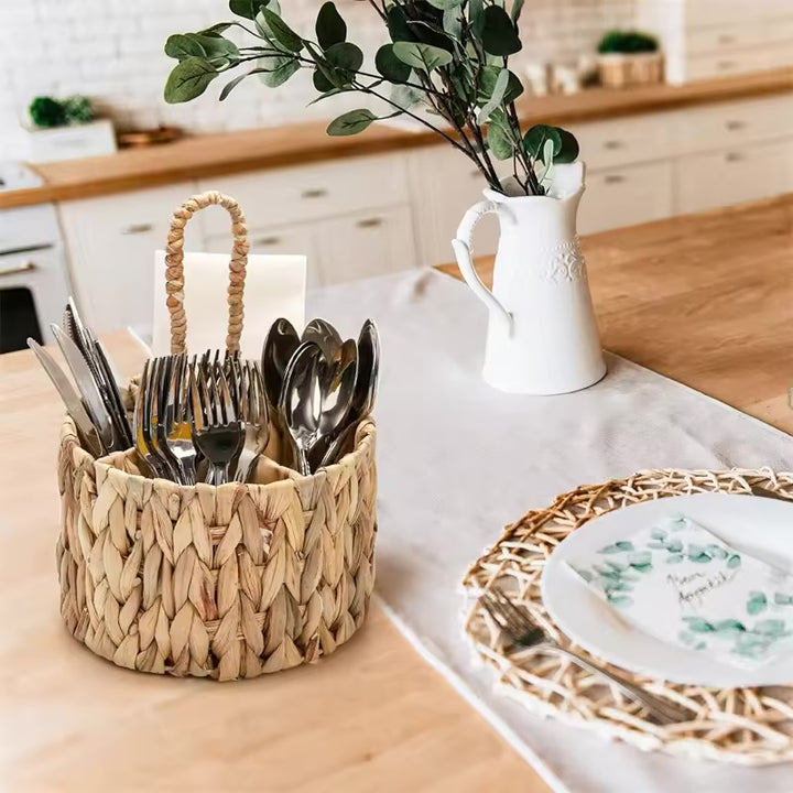 Runder Rattan Besteckkorb – Handgewebter Aufbewahrungskorb aus Naturmaterial | Besteckhalter & Organizer