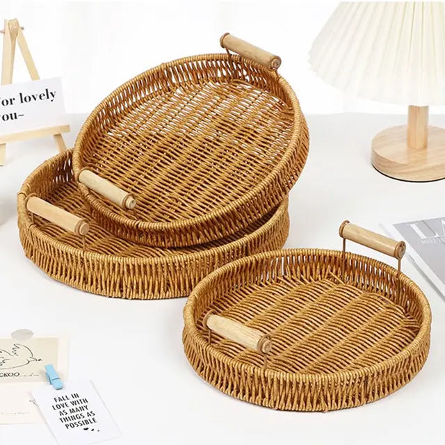 Runder Rattan-Korb mit Holzgriffen – Natur Tablett | Handgefertigt