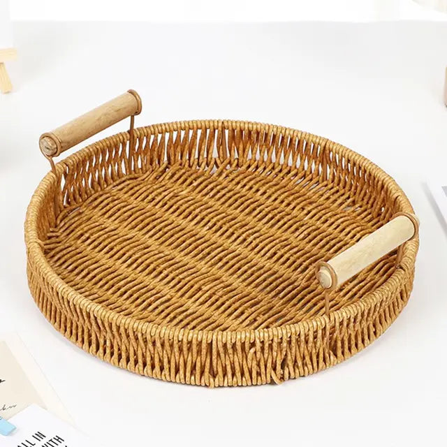 Runder Rattan-Korb mit Holzgriffen – Natur Tablett | Handgefertigt