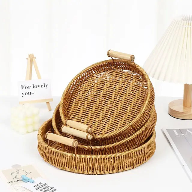 Runder Rattan-Korb mit Holzgriffen – Natur Tablett | Handgefertigt